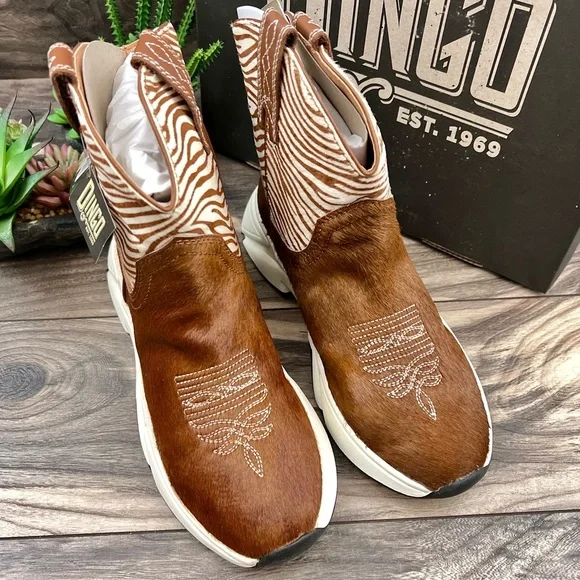 NIB Dan Post Dingo Safari Haircalf Western Cowboy Sneaker Boots Tan Zebra 9M - Picture 6 of 11